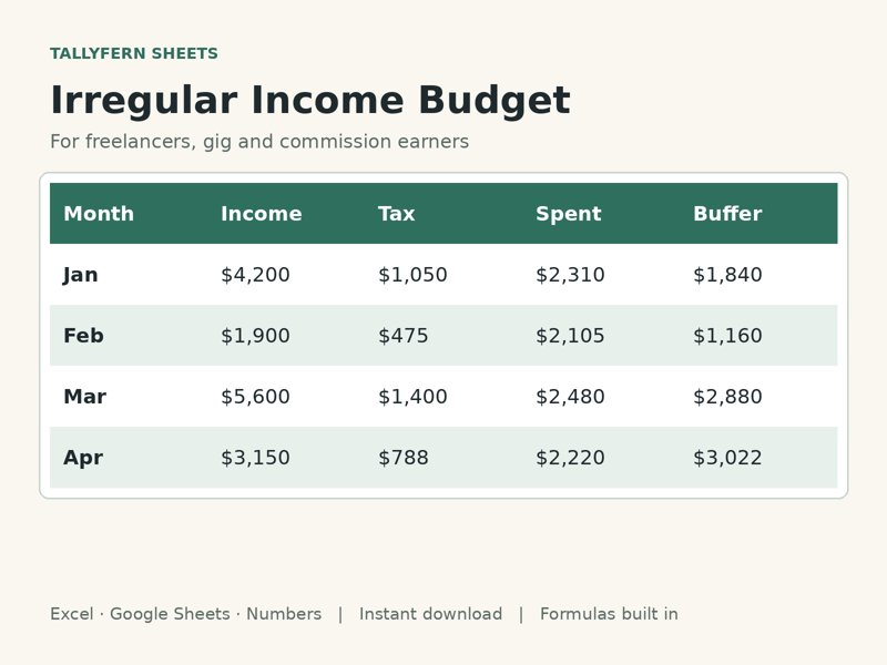 Irregular Income Budget spreadsheet preview
